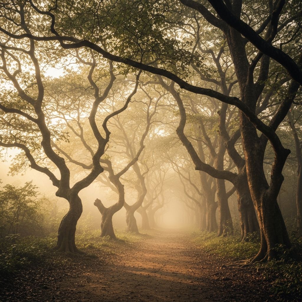 Serene forest path with morning light creating peaceful natural atmosphere