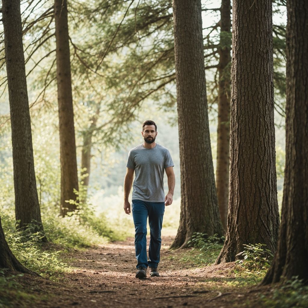 Man walking in nature trail surrounded by trees with peaceful movement and soft lighting
