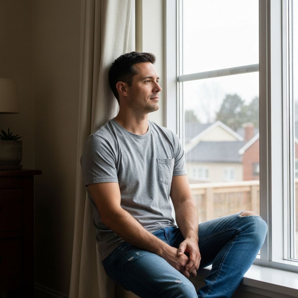 Man engaged in peaceful morning routine by window with soft natural light and serene mood