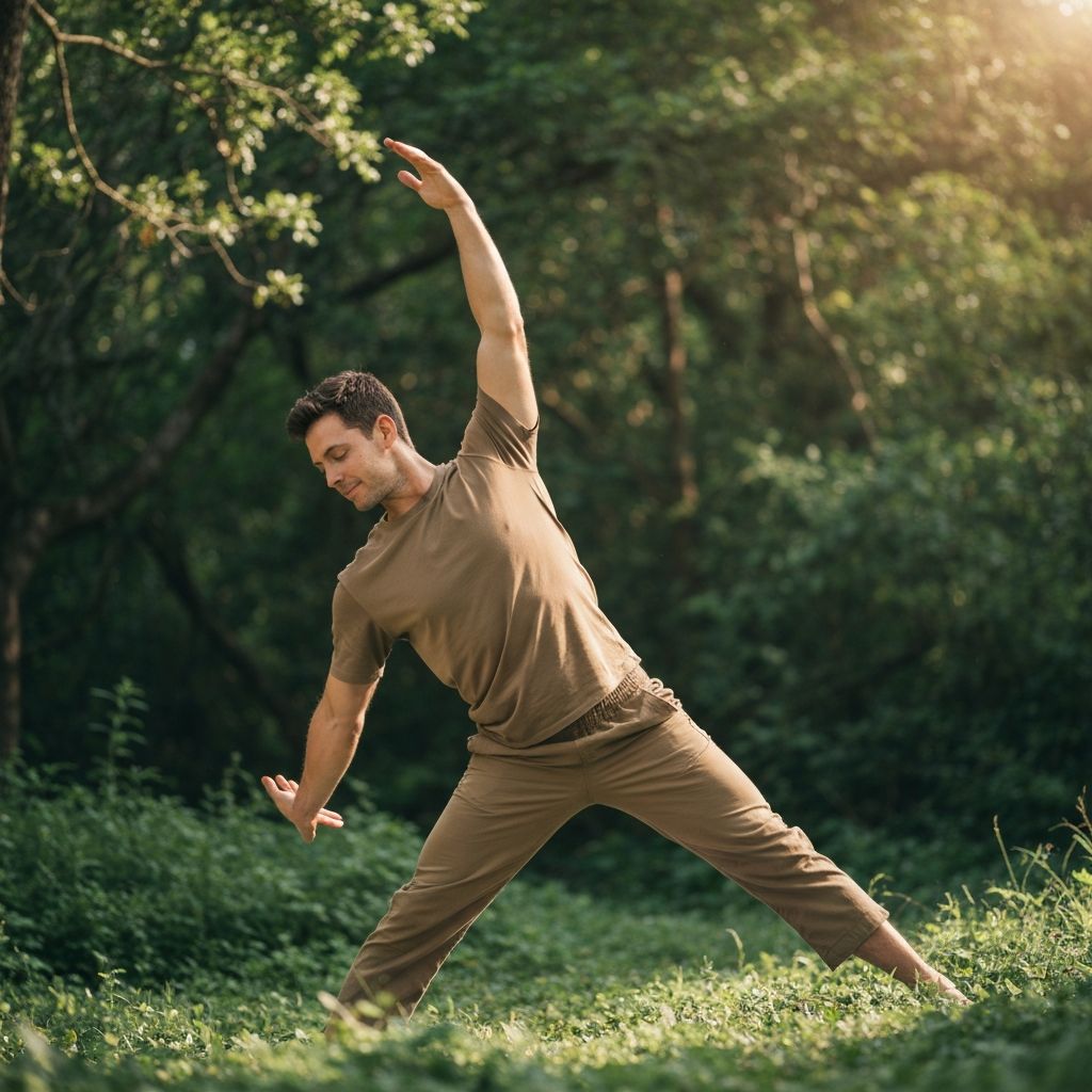 Man practicing yoga in natural outdoor setting with balance and flexibility focus